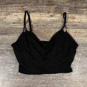 Aerie Women's Black Lace Ribbed V- Neck Real Good Bralette Bra Size Large NWT